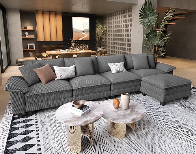 L Shaped Modular Cloud Couch 157.5'' Oversized Corduroy Sectional Sofa with Wider Armrest and Ottoman Upholstered 5-Seat Modern Deep Seat for Bedroom Living Room Grey