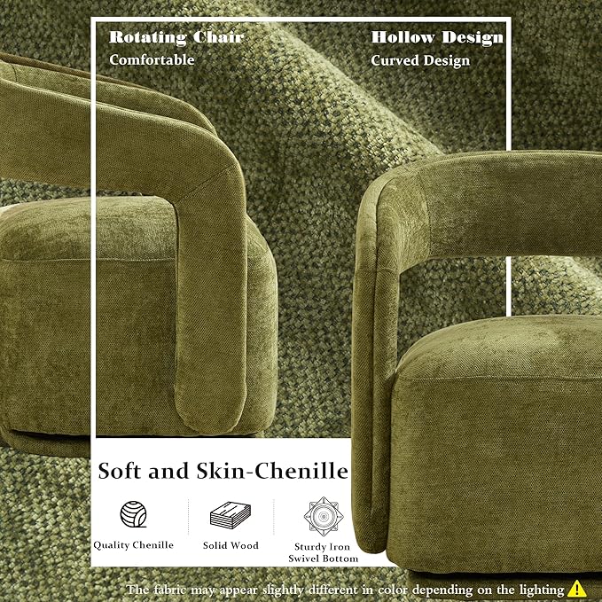 FOXHUNTER Swivel Accent ChairModern Upholstered Barrel ChairOversized Round Accent Armchair with Open BackWooden Base for Living RoomChenil Green