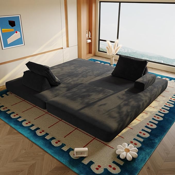 86.6 Queen Floor Sleeper Sofa Bed | Convertible Foam Folding Mattress Couch | King Size Futon Couch Bed for Adjustable Backrests | Sleeper Lounge Chair for Living Room Playroom Apartment Dark Grey