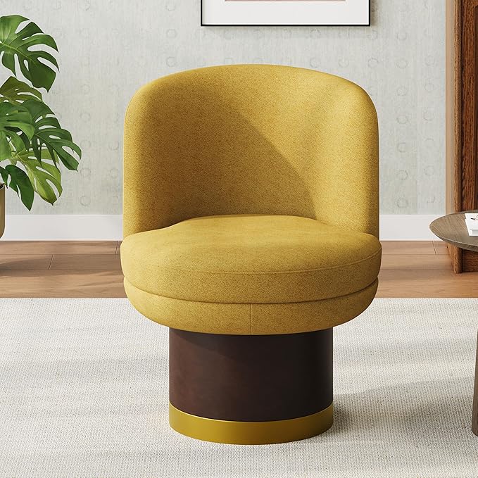 Christopher Knight Home Mirin Upholstered 360° Swivel Accent Chair Chenille Fabric Swivel Barrel Chair Modern Vanity Chair for Living Room Bedroom Yellow+Brown