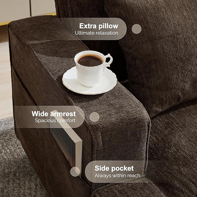 3 Seater Sofa Couch 89 Couches for Living Room with Deep Seats Mid Century Modern Chenille Sofa with Armrests Comfy Sofas for Living Room Bedroom Apartment Office Brown