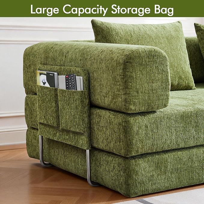 81 Convertible Sofa Bed with Storage Pockets 5-in-1 High Density Foam Boneless Couch Corduroy Folding Futon Sleeper Sofa for Living Room Bedroom Apartment No Assembly Required Green