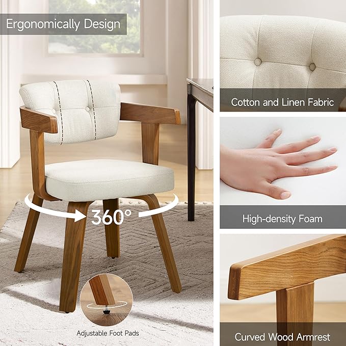 Art Leon Modern Dining Chairs - Set of 2 Mid Century Dining Chairs Fabric Upholstered Swivel Chairs Comfy Desk Chair No Wheels Accent Arm Chair for Kitchen Living Room Study Off White/Walnut