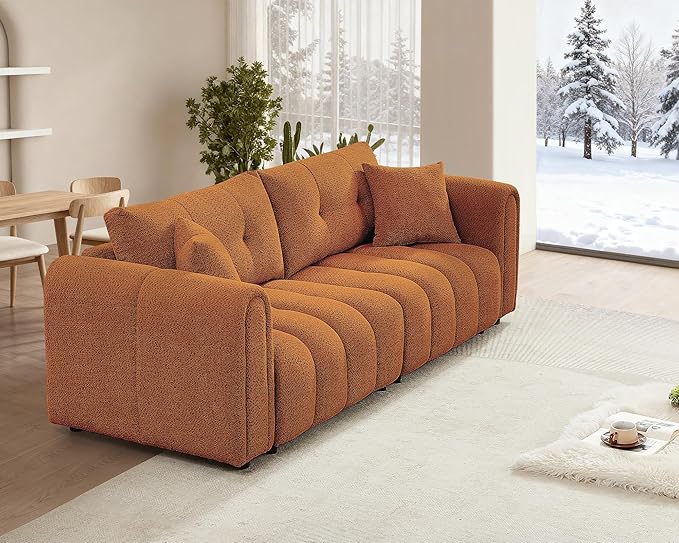 Mid Century Modern Boucle Sofas for Living Room 3 Seater Couch with Deep Seat Comfy Sherpa Cloud Couch Oversized Loveseat for Apartment Bedroom Home Office 91.5 Inch Burnt Orange