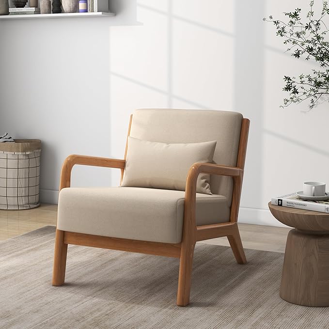Accent Chair Mid Century Modern Armchair with Pillow Upholstered Lounge Sofa Reading Side Chair for Living Room Bedroom