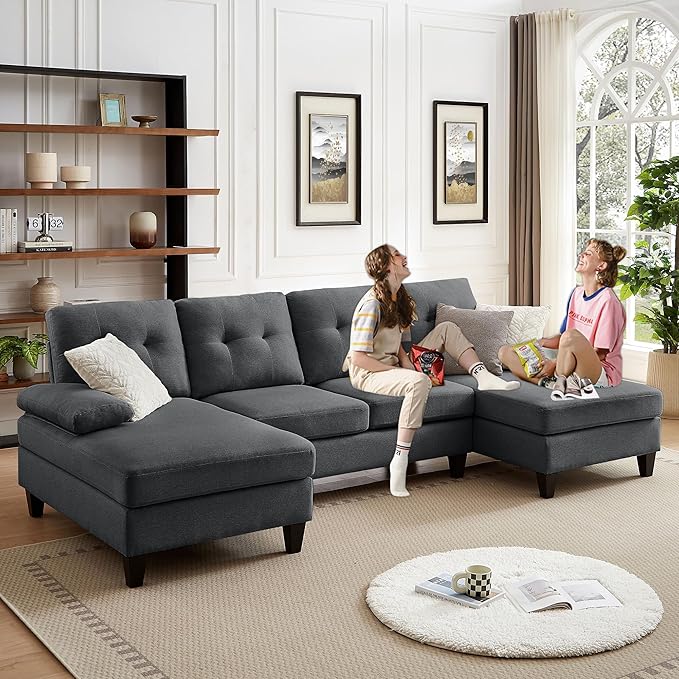 111 Sectional Couch for Living Room Modern Polyester Fibre U Shaped Sofa Couches with Double Chaise Upholstered 4 Seater Sofa for Living Room Apartment Office Dark Grey