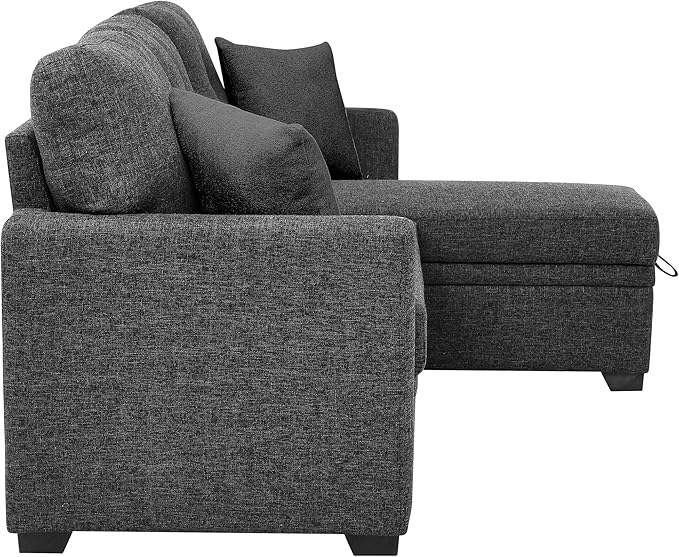 76 Linen Blend Convertible Sofa with Pull-Out Bed Stylish Sleeper Couch with Hidden Storage Space 3-Seater Couch with 2 Soft Pillows for Living Rooms Charcoal Black