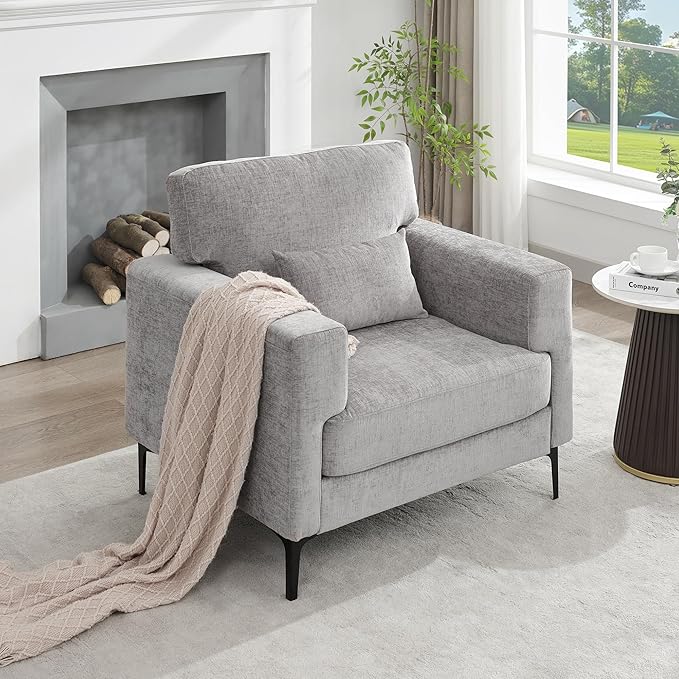 Oversized Accent Chairset of 2 with Metal LegsComfy Chenille Armchair and a HalfModern Century Single Sofa Extra Large Reading Club Chair for BedroomLiving RoomApartmentLight Grey