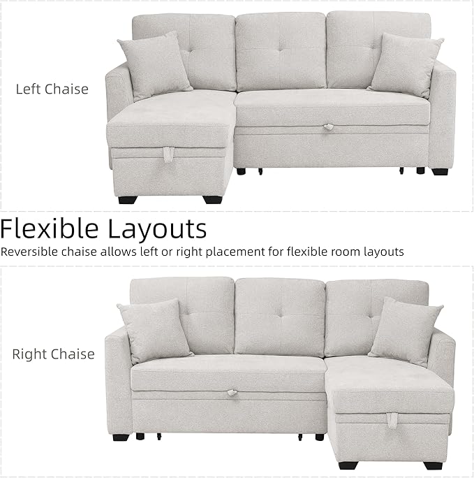 Convertible Sleeper Sofa Bed with Pull Out Couch L Shaped Couch with Chaise Storage Small Sectional Couches for Living Room Apartment | Linen Fabric | 76.5 | Beige