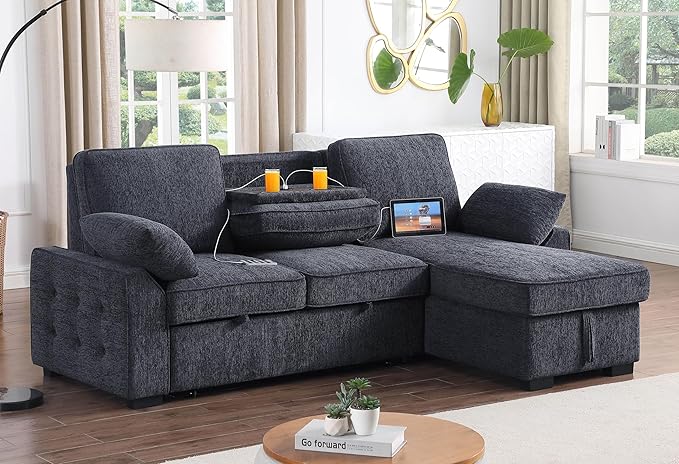 ERYE L-Shaped Pull Out Sleeper Sofa Bed Modern Chenille Upholstered Button Tufted Corner Reversible Sleeper Sectional Sofa Couch with Storage Chaise Drop-Down Table Cup Holders and Charging Ports