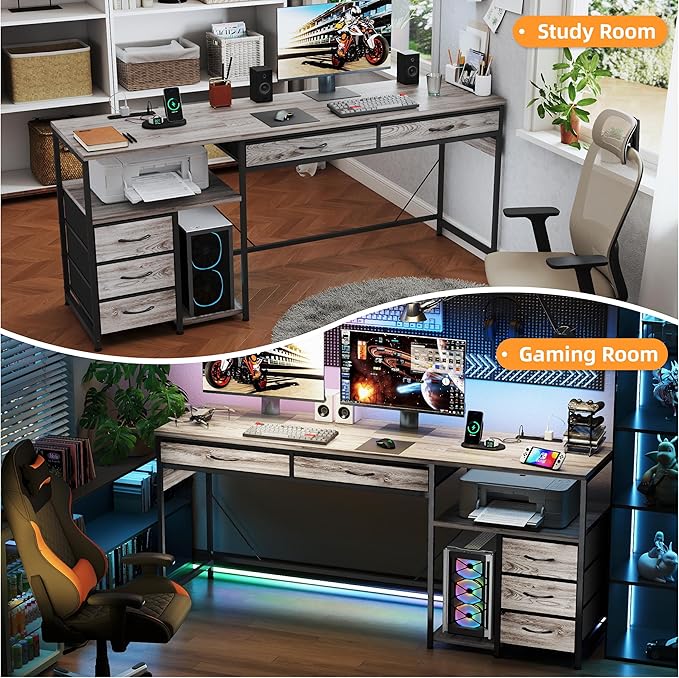 YOSHOOT 60 Computer Desk with 5 Fabric Drawers - Gaming Desk with Storage and Power Outlets Home Office Desk for Adults and Teenagers Working Writing Study Grey