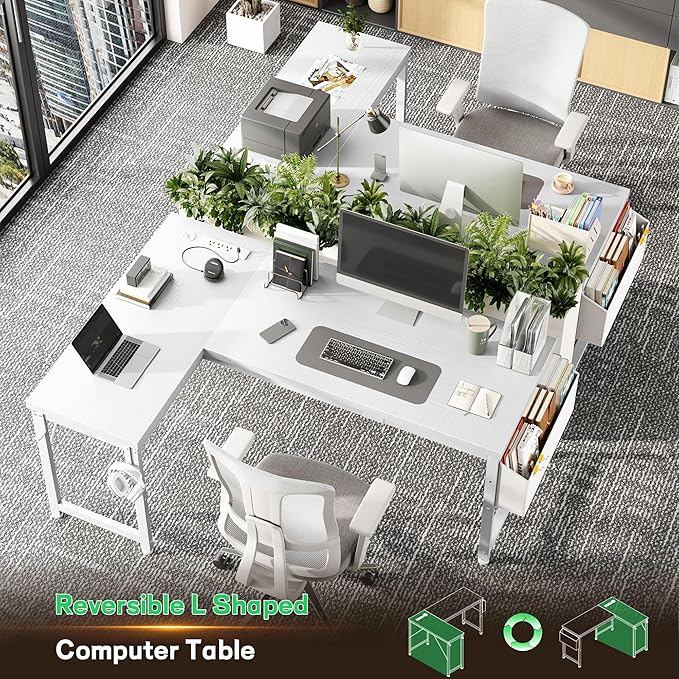 L Shaped Desk with 0.95 Inch Thicker Desktop &amp Storage Bag Computer Desk with Power Outlets &amp Lights Reversible Gaming Desk for Home Office Corner Desk Study Room Living Bedroom White