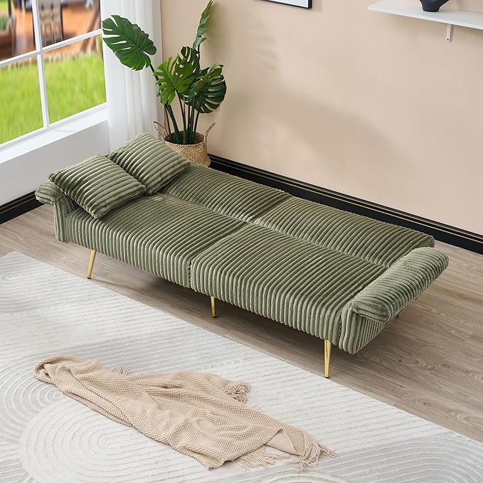 Green 79 Convertible Futon Sofa Bed with Adjustable Backrest &amp Armrests Modern Corduroy Folding Loveseat Sleeper Couches with Two Soft Pillows for Living Room Apartment Office (Green)