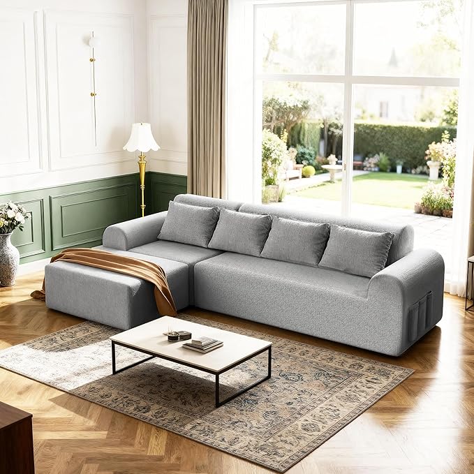 Rengue 105.5 Cloud Boneless Sectional Sofa for Living Room 4-Seater L-Shaped Comfy Couch with Ottoman 4 Pillows Deep Seat Chenille Sofa No Assembly Required (Light Grey) 72h to Restore