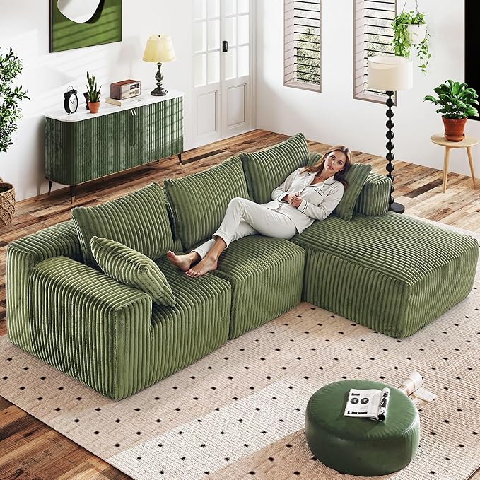 WorthFurni Cloud Modular Sofa Couch with L-Shape ChaiseModern Sectional with Deep Seat Upholstered Couches for Living Room BedroomNo Assembly Required Plush Corduroy Fabric 102(Green)