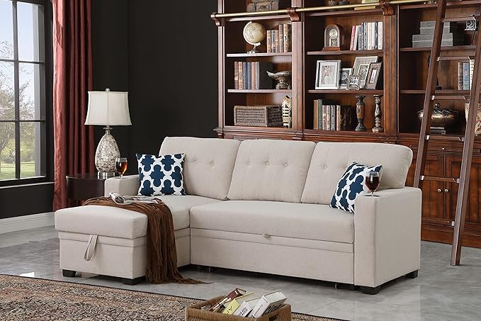 Ball &amp Cast Sectional Sleeper Sofa Couch with Pull Out BedL Shaped Sleeper Sofa Bed with Cupholder ArmrestsConvertible Sleeper Sectional Sofa W/Reversible Storage Chaise&ampBack Cushionfor Liv