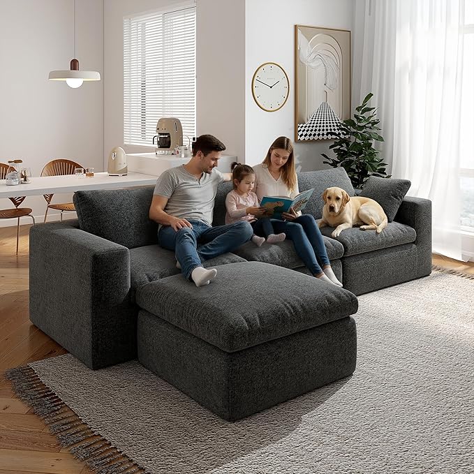 118'' 4 Seater Memory Foam Couch with Ottoman Modular Sectional Sofa for Living Room Boneless Couch Sectional with Memory Foam No Assembly Big Couch Set Dark Grey | Ergonomic Bolster