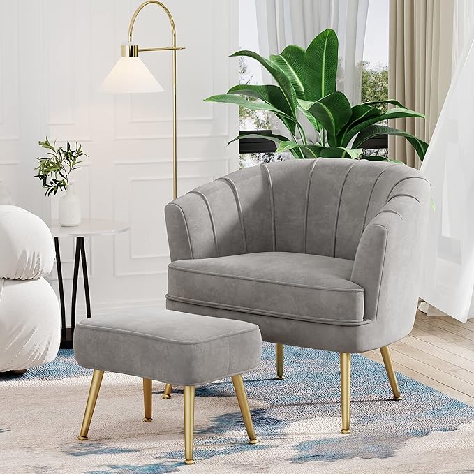 Andeworld Velvet Accent Chair with Ottoman Upholstered Modern Single Sofa Side ChairComfy Barrel Club Living Room Armchair with Golden Metal Legs for Bedroom Living Reading Room Office Grey