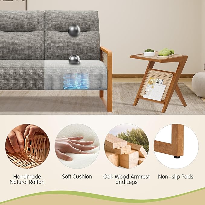 Modern Loveseat Bench Couch with Natural Rattan Arm Upholstered Linen Small Love Seat Sofa 2-Seats Living Room Couch Settee Comfy Lounge Recliner Chair-Taupe