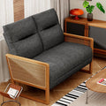 Alunaune Modern Loveseat Bench Couch with Natural Rattan Arm Upholstered Linen Small Love Seat Sofa 2-Seats Living Room Couch Settee Comfy Lounge Recliner Chair-Grey