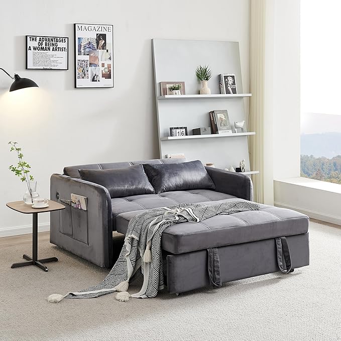 55.5 Velvet Convertible Sofa Bed Pull Out Sleeper Sofa Bed Loveseat Couch with USB Charging Ports 3 in 1 Convertible Sleeper Sofa Bed for Living Room Apartment Bedroom RV Grey