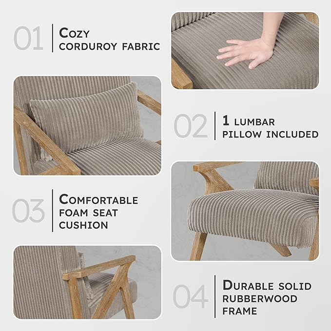 Lexicon Mid Century Modern Accent-Chair with Lumbar Pillow Brown Solid Wood Frame Comfy Corduroy Upholstered Lounge Arm Chair for Living Room/Bedroom/Office/Reading Nook Assembly Required Taupe
