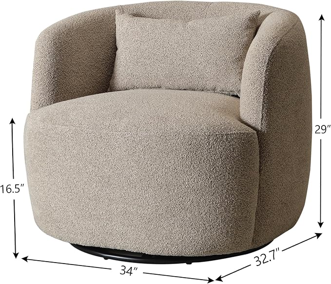 KINWELL 34 Wide Boucle Swivel Barrel Chair No Assembly Round Upholstered Armchair Accent Chair Single Sofa Chair with Toss Pillow for Living Room and Bedroom Taupe