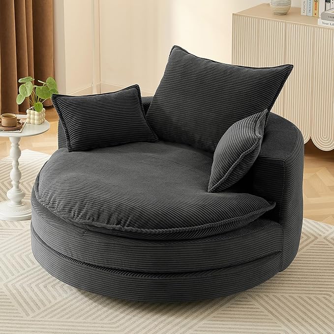 Merax 360° Swivel Sofa Chair 57.5 Swivel Accent Barrel Chair with Dual-Layer Cushion Design Modern Corduroy Leisure Sofa Round Chaise Lounge with 3 Removable Pillows for Living Room Bedroom