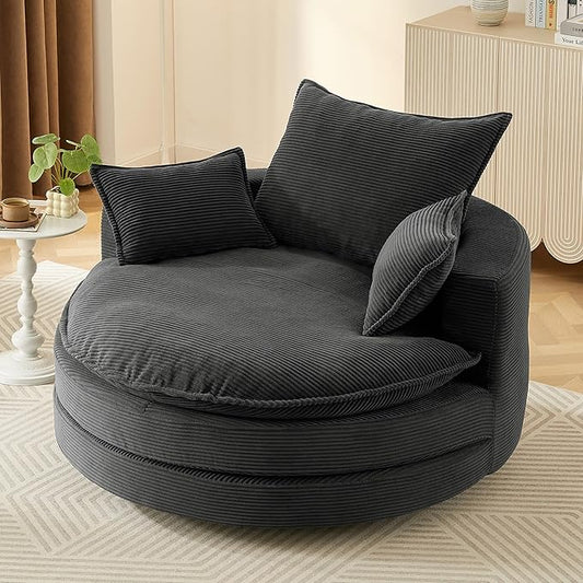 360° Swivel Sofa Chair with Dual-Layer Cushion Design 57.5 Swivel Round Accent Barrel Chair with 3 Removable Pillows for Living Room Office and Hotel (Black//261)