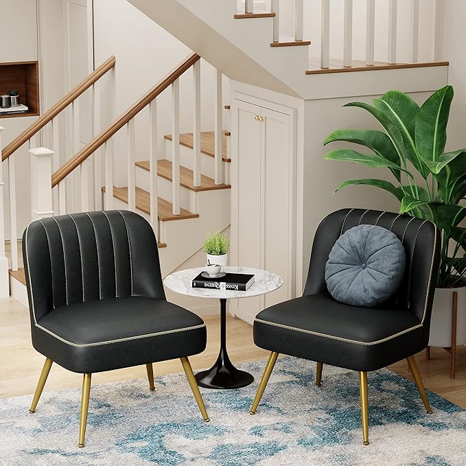Andeworld Modern Accent Chair Set of 2 Upholstered Leather Living Room Chairs Elegant Armless Cute Small Side Club Chair with Golden Legs for Bedroom-Black