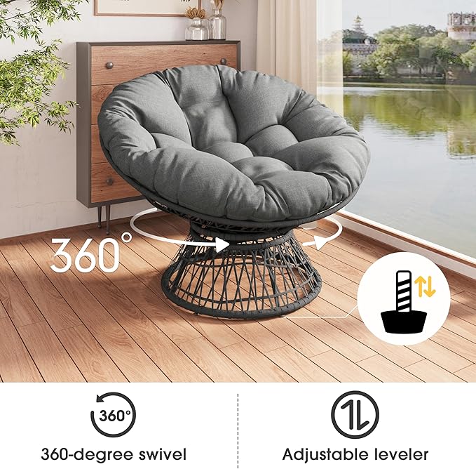 Wicker Papasan Chair with 360-Degree Swivel 41.5 Ergonomic Swivel Chair with Cloud Thick Density Fabric Cushion 3-Proof Cover High Capacity Iron Frame for Reading Living Room (Gray/62)