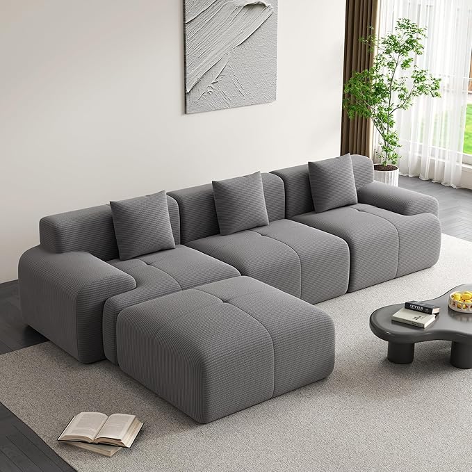 120 Cloud Modular Sectional CouchBoneless SofaL-Shape Upholstered Sofas with Deep SeatModern Cozy Corduroy Couches with Memory FoamNo Assembly Required for Living Room(Dark Grey)