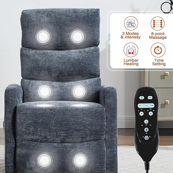 Luxlen Manual Swivel Rocker Recliner Chair with Massage Overstuffed Recliner Glider with Vibration Massage and Heat for Nursery Living Room Reclining Sofa Chair Fabric Blue