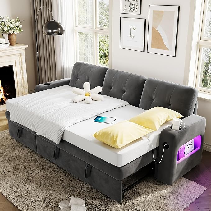 GarveeHome 84 Inch Sleeper Sofa Bed L-Shaped Sofa Convertible Pull Out Couch Bed with Storage Charging Station LED Lights Modern Sectional Sofa for Living Room Apartment Velvet Dark Grey