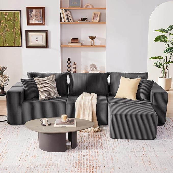 Cloud Couch Sectional Modular Sofa with Deep Seat Plush Corduroy U Shaped Boneless Couch Convertible Sectional Couches for Living Room (Darkgrey 3 Seater &amp 1 Ottoman)