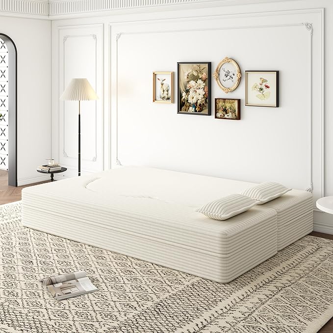 78 Folding Floor Sofa Bed Queen Full Size Folding Mattress Boneless Couch for Living Room 15 Seat Height Convertible Teddy Fabric Foam-Filled Loveseat Sleeper Sofa Bed