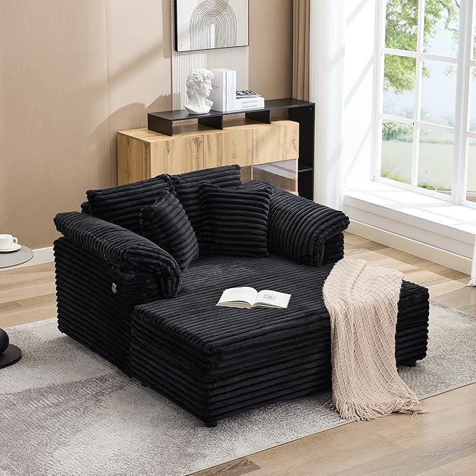 Oversized Chaise Lounge Chair Indoor Upholstered Sofa Bed with Throw Pillows and Armrests Comfy Corduroy Sleeper Couch with Cup Holders and Charging Port for Living Room Bedroom 60 Inch Wide Black