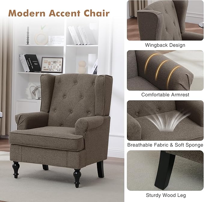 Accent Chair for Living Room Mid Century Modern Upholstered Armchair Wingback Chair with Tufted High Back and Solid Legs Comfy Side Chairs Single Sofa for Bedroom Brown