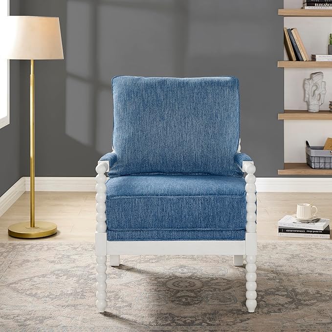 Roundhill Furniture Belvoir Upholstered Spool Accent Chair with Turned Wood Frame Denim Blue with White Finish