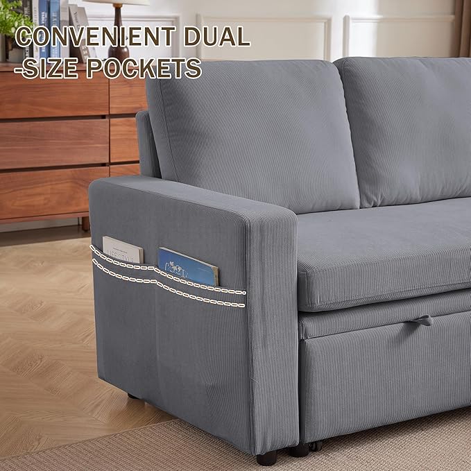 Convertible Sofa Bed L-Shape Sectional Sleeper Sofa with Storage Chaise Modern Polyester 3 in 1 Pull Out Couch Bed for Living Room Light Grey