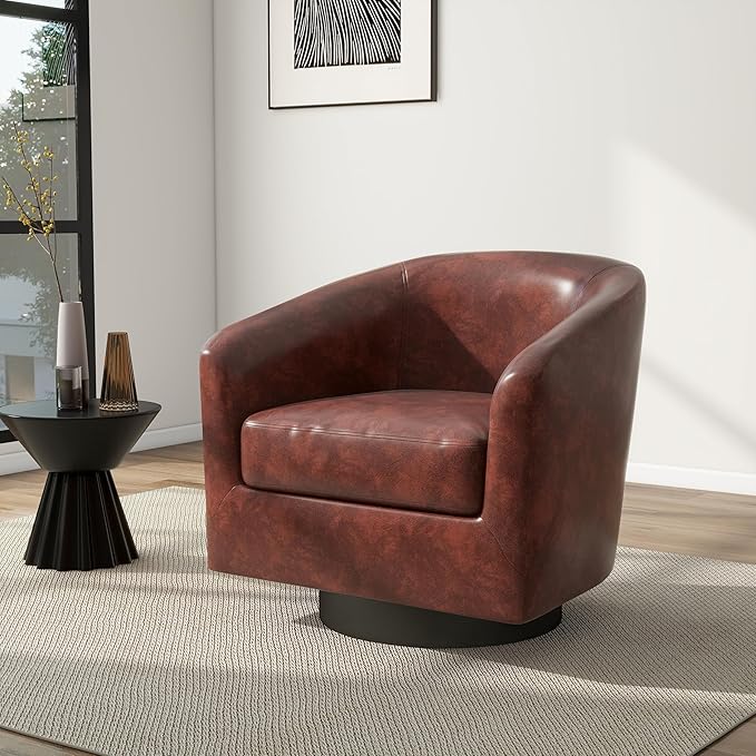 Swivel Barrel Accent Chair Modern Round Faux Leather Arm Chair for Living Room Bedroom Comfy Club Reading Chairs for Adults(Faux Leather Red Brown Set of 1)