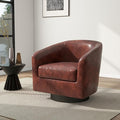 Swivel Barrel Chair Modern Round PU Leather Accent Armchair for Living Room Bedroom Oversized Comfy Club Reading Chairs for Adults (Leather Red Brown Set of 1)