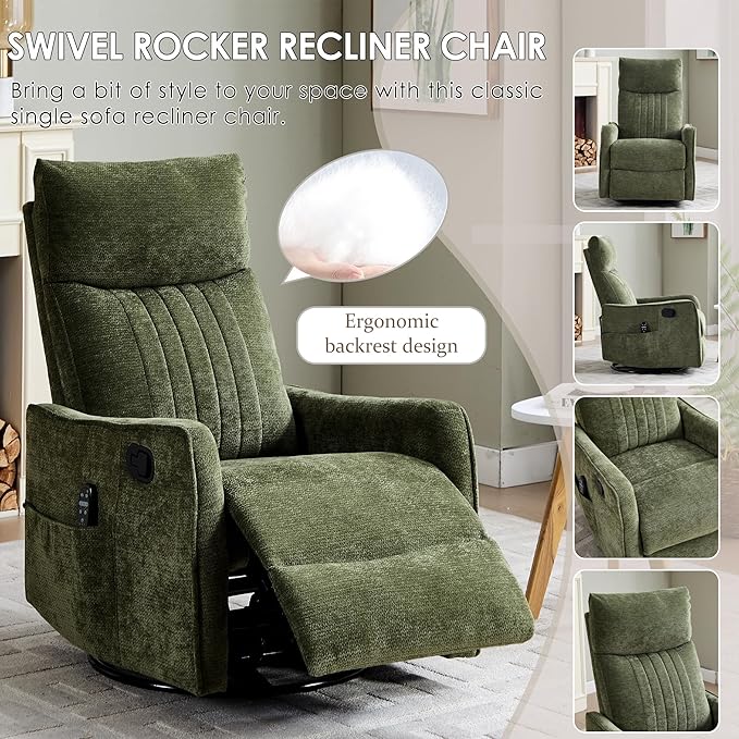 Small Swivel Rocker Recliner Chair for Nursery Heat &amp Massage Manual Upholstered 360° Fabric Glider Chair Small Recliners for Small Spaces Living Room (Green)