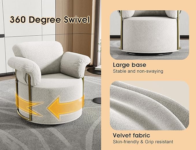 Swivel Accent Chair 360 Degree Swivel Barrel Chair Upholstered Comfy Reading Chair for Living Room Bedroom Apartment Small Space Seating with Supportive Foam Spring Cushion White