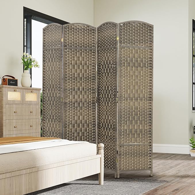 HOMCOM Room Divider 6 Ft 4 Panel Folding Privacy Screen Hand-Woven PP Wall Partition with Pine Wood Frame Freestanding Room Separator for Bedroom Home Office No Assembly Dark Rustic Oak