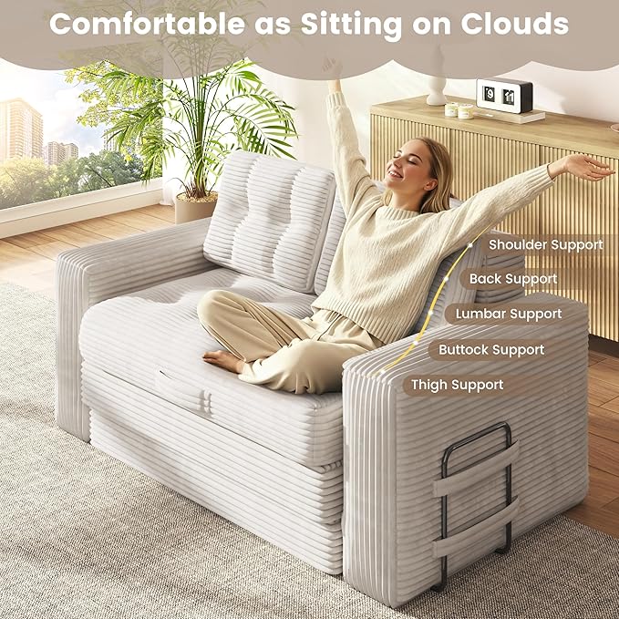 Convertible Sofa Bed 2 in 1 Boneless Couch Bed with 2 Pillows Corduroy Pull out Couch Folding Sofa Bed with Deep Seat Small Loveseat Sleeper Sofa Bed in a Box for Small Spaces No Assembly Needed