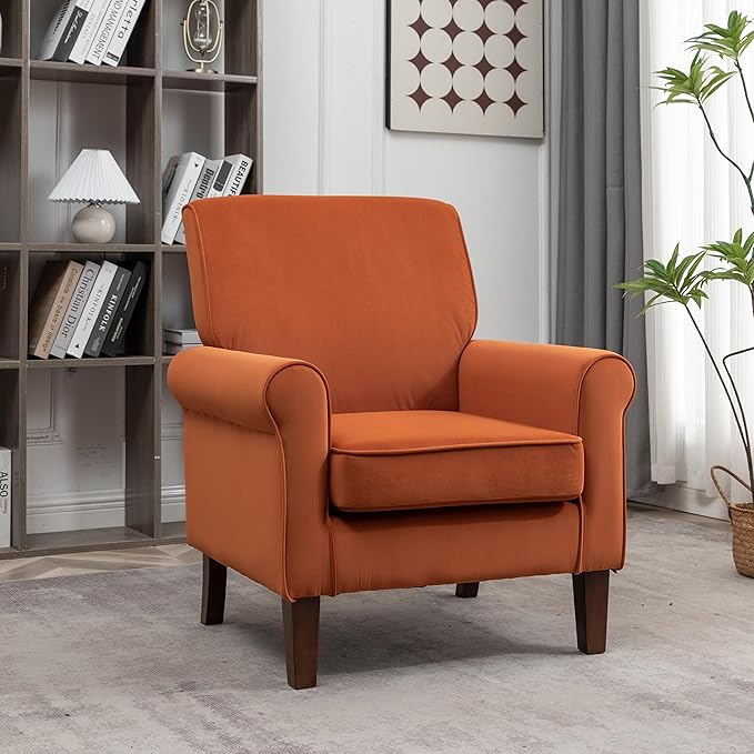 Classic Accent Armchair with Birch Wood Frame and Comfortable Rolled Armrests Arm Chairs for Living Room Bedroom and Office Decor Orange