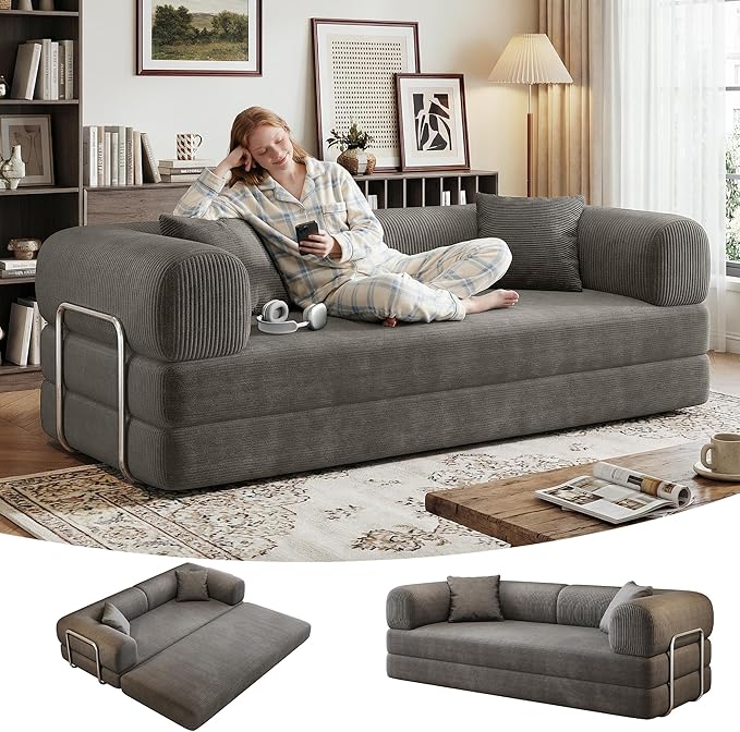 78Inch Compression Sofa 4-in-1 Convertible Floor Sleeper Sofa Bed Folding Sofa Couch with Pillow Support Armrest Cloud Corduroy Foldable Mattress for Living Room Bedroom