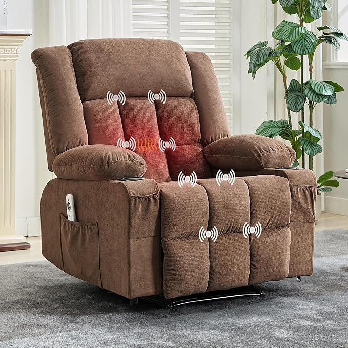 GarveeHome Manual Recliner Chair with Heat Massage - Widen Overstuffed Oversize Single Sofa Lounge Chair for Big &amp Tall People with Remote Control 3 Recline Positions 2 Cup Holders Side Pockets