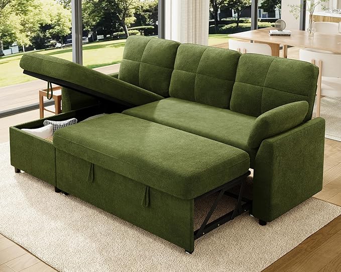 VanAcc Sleeper Sofa Sofa Bed with Storage Chaise Convertible Sofa Bed with Pull Out Couch l Shaped Couch for Living Room Linen Green